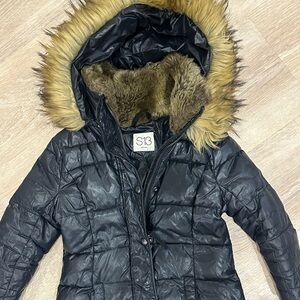 S13 Kids Black Puffer Jacket with Faux Fur Hood